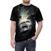 Dark, textured brushstrokes and splatters surround a screaming face in stark monochrome, filling this graphic tee.