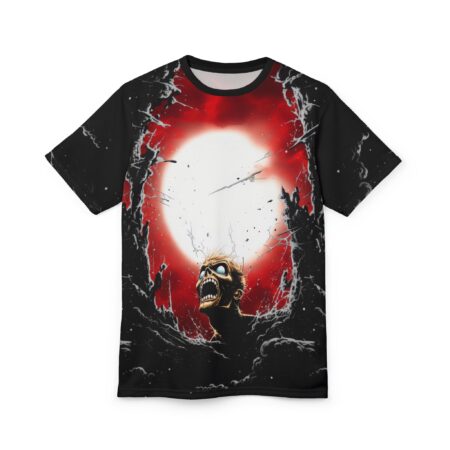 Scary zombie head and red moon all over print sublimation tee with dark rocky frame, cyber grunge aesthetic.