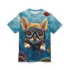 A vibrant t-shirt featuring a cute fennec fox in scuba gear swimming among colorful fish and coral reefs.