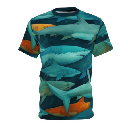 Teal, orange, and dark blue sharks swim in a deep blue underwater scene across this oversized full print tee.