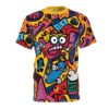 Retro repeat print sublimation tee with a wild, cartoony character riding a skateboard and vibrant geometric shapes.