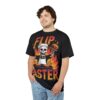 Fiery reds, oranges, and yellows depict a grilling skeleton chef with burgers and flames across this graphic tee.