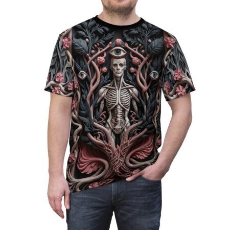 Pink flowers, blue eyes, and dark leaves cover this graphic streetwear tee, with a skeleton figure at its center.