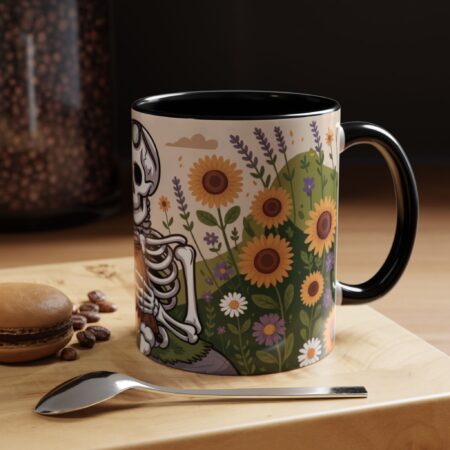 Skeleton holding coffee cup in a sunflower garden graphic on ceramic mug, perfect for unique gift.