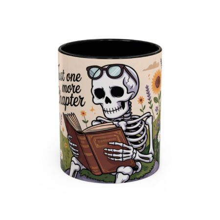 Skeleton wearing glasses reads a book in a field of flowers with sunflowers and lavender. Text says 'Just one more chapter'.