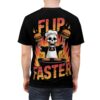 Red and yellow distressed text and a skeleton chef with burgers on a grill are printed on this black t-shirt.