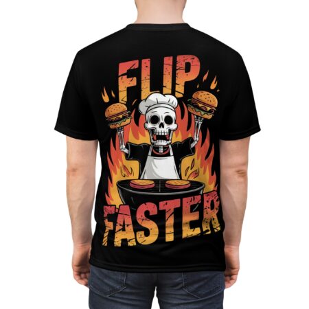 Red and yellow distressed text and a skeleton chef with burgers on a grill are printed on this black t-shirt.