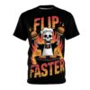 Red, orange, and yellow flames surround a skeleton chef holding burgers, with the words 'FLIP FASTER' in distressed lettering.