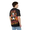 Red and orange flames cover this sublimation graphic tee, depicting a skeleton chef flipping burgers on a grill with the words 