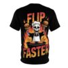 Fiery orange and yellow cracked lettering, a skeleton chef with burgers, and a grill fill this all over print apparel.
