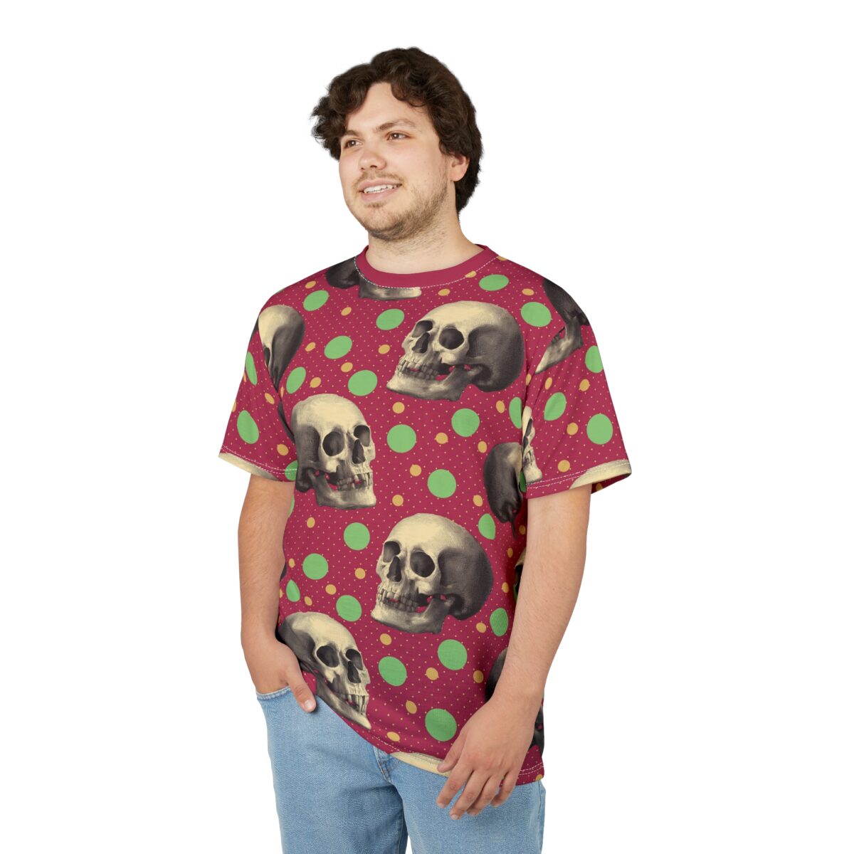 Burgundy background with scattered polka dots and vintage skull illustrations, creating an all-over print on apparel.