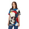 Bold black and white halftone patterns, vivid red, blue, and yellow circles, and a large distressed skull graphic cover this tee shirt.