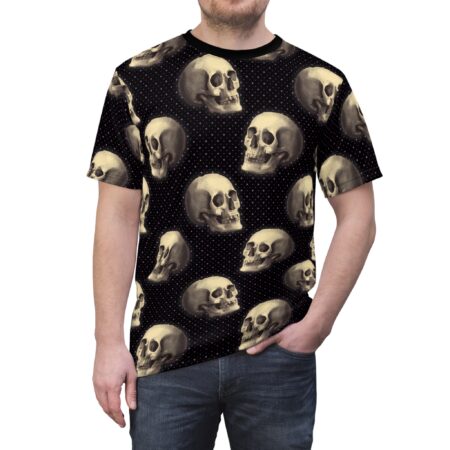 Sepia-toned skulls and purple polka dots cover this oversized full print tee, showcasing a dark and mysterious aesthetic.
