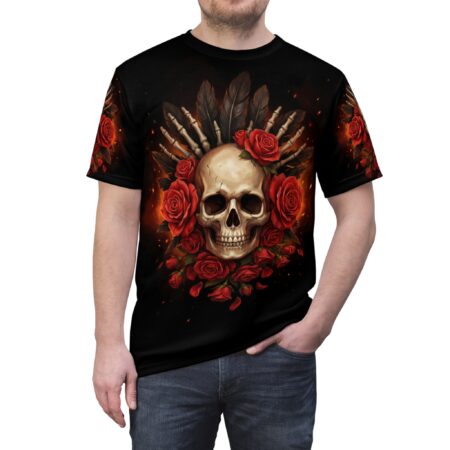 Skull / Roses Tee - Gothic Skull Floral All Over Print T-Shirt