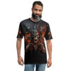 Fiery orange flames and metallic gray skulls with sharp swords cover this all over print apparel, set against a dark, smoky background.