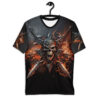 Fiery orange flames and metallic silver swords surround a detailed, menacing skull on a dark, cracked background pattern across this seamless tee.