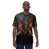 Fiery oranges, dark grays, and metallic silvers cover this seamless pattern tee, depicting a demonic skull with crossed swords amidst flames and dark, textured backgrounds.