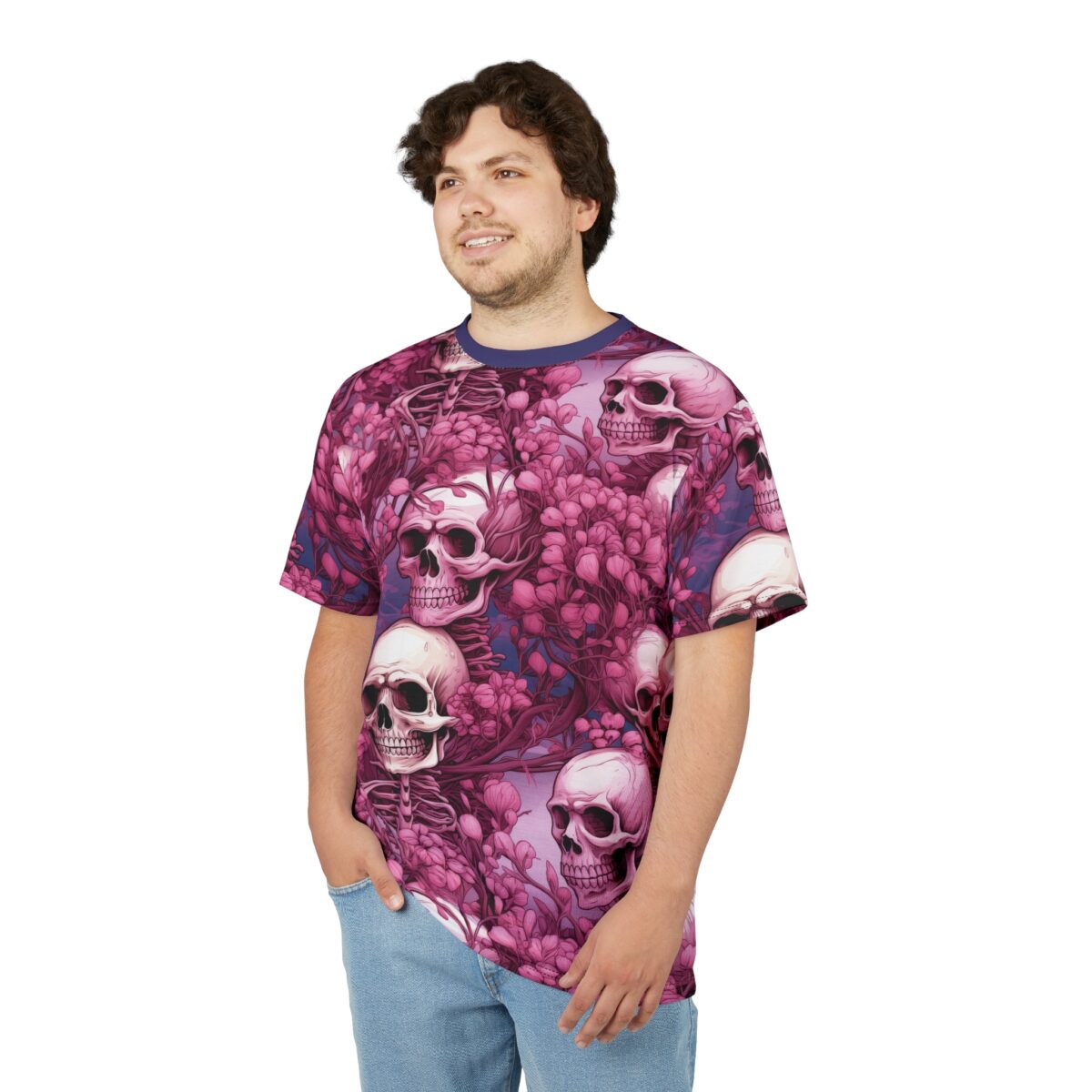 Skull and floral sublimation tee with all over print featuring a y2k graphic and streetwear aesthetic in pink and purple tones.