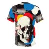 Black, white, red, yellow, and blue circles and geometric patterns cover this full print shirt, depicting a large white skull with dark sunglasses and red accents.