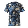 Blue floral patterns and skulls with flowing drapery cover this 3D graphic t-shirt, featuring grim reaper figures amongst dark foliage.