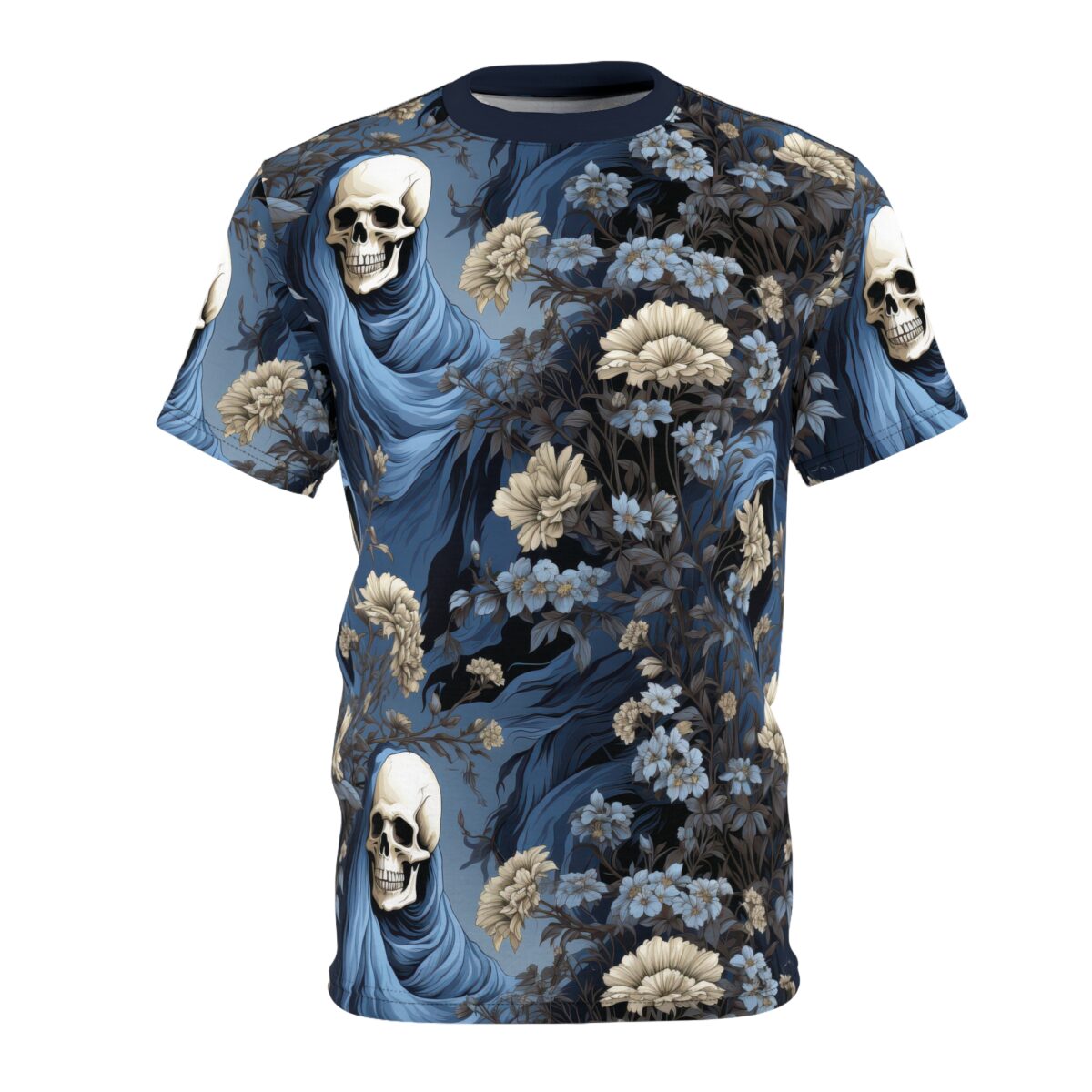 Blue floral patterns and skulls with flowing drapery cover this 3D graphic t-shirt, featuring grim reaper figures amongst dark foliage.