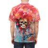 Fiery reds, vibrant blues, and soft pinks swirl around a detailed skull graphic on this 3D t-shirt.