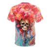 T-shirt with a striking skull graphic surrounded by vibrant, abstract floral patterns in shades of red, pink, orange, yellow, and blue.