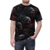 Dark gray and deep red tones cover this all over print apparel, depicting a chaotic pattern of gothic skulls intertwined with gnarled, shadowy tendrils and glowing embers.