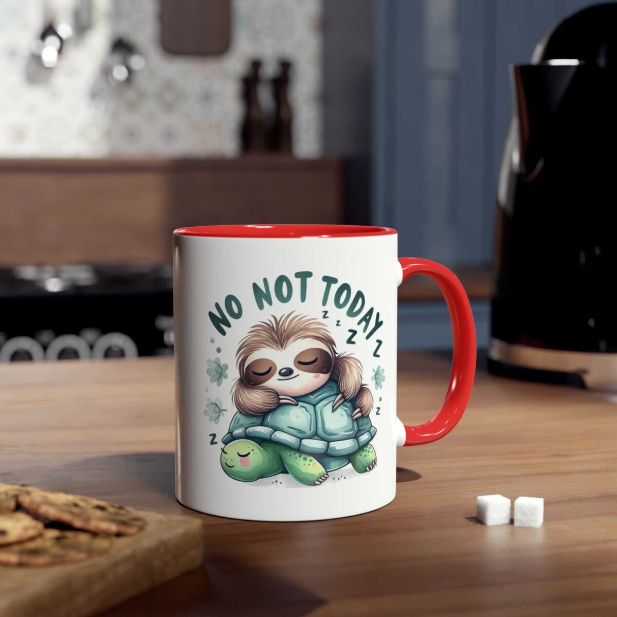 A white ceramic mug with a red handle and rim, featuring a cute sloth sleeping on a turtle with "NO NOT TODAY" text.