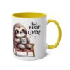 White ceramic mug with a yellow handle and interior, featuring a cartoon sloth sitting in a chair holding a coffee cup.
