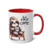 White ceramic mug with a red interior and handle, featuring a cute sloth illustration holding a coffee cup.