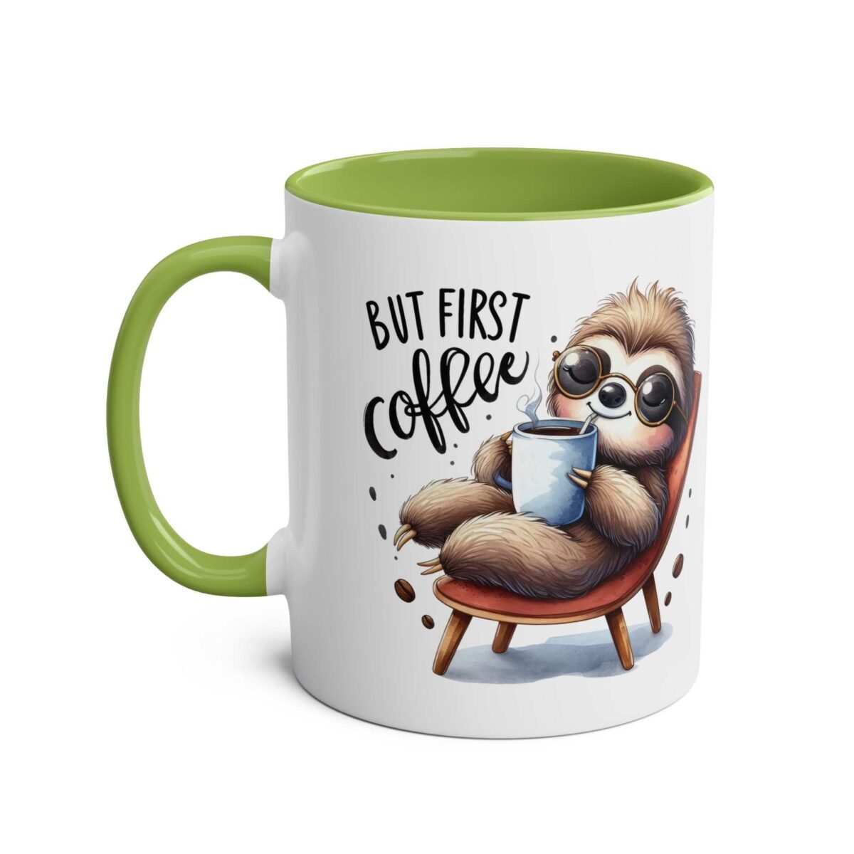White ceramic mug with a green handle and interior, featuring a watercolor illustration of a sloth in sunglasses relaxing with a coffee cup.