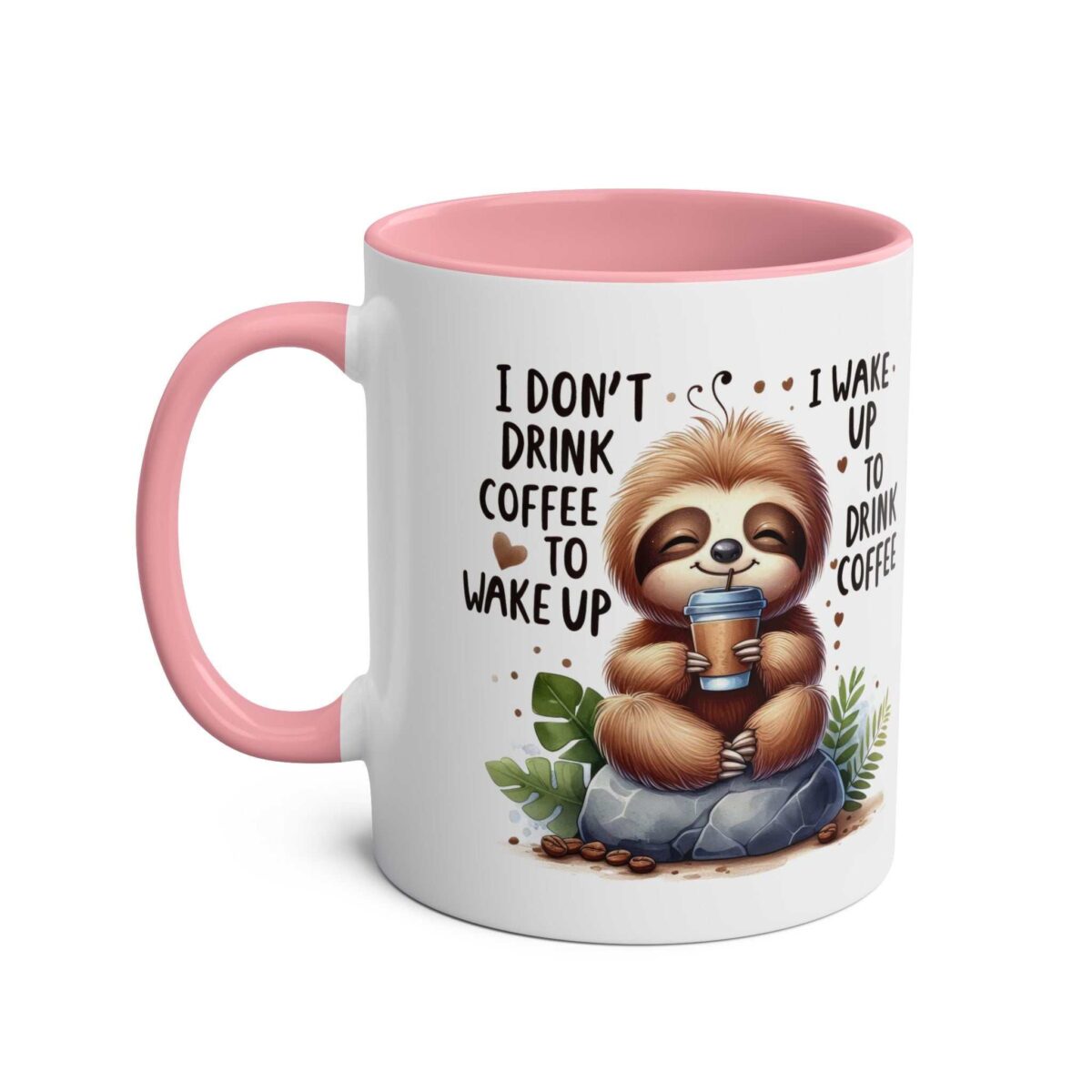 White ceramic mug with a pink interior and handle, featuring a cute sloth drinking coffee.