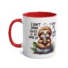 White ceramic mug with red handle features a cute sloth holding a coffee cup and the text 'I don't drink coffee to wake up.'