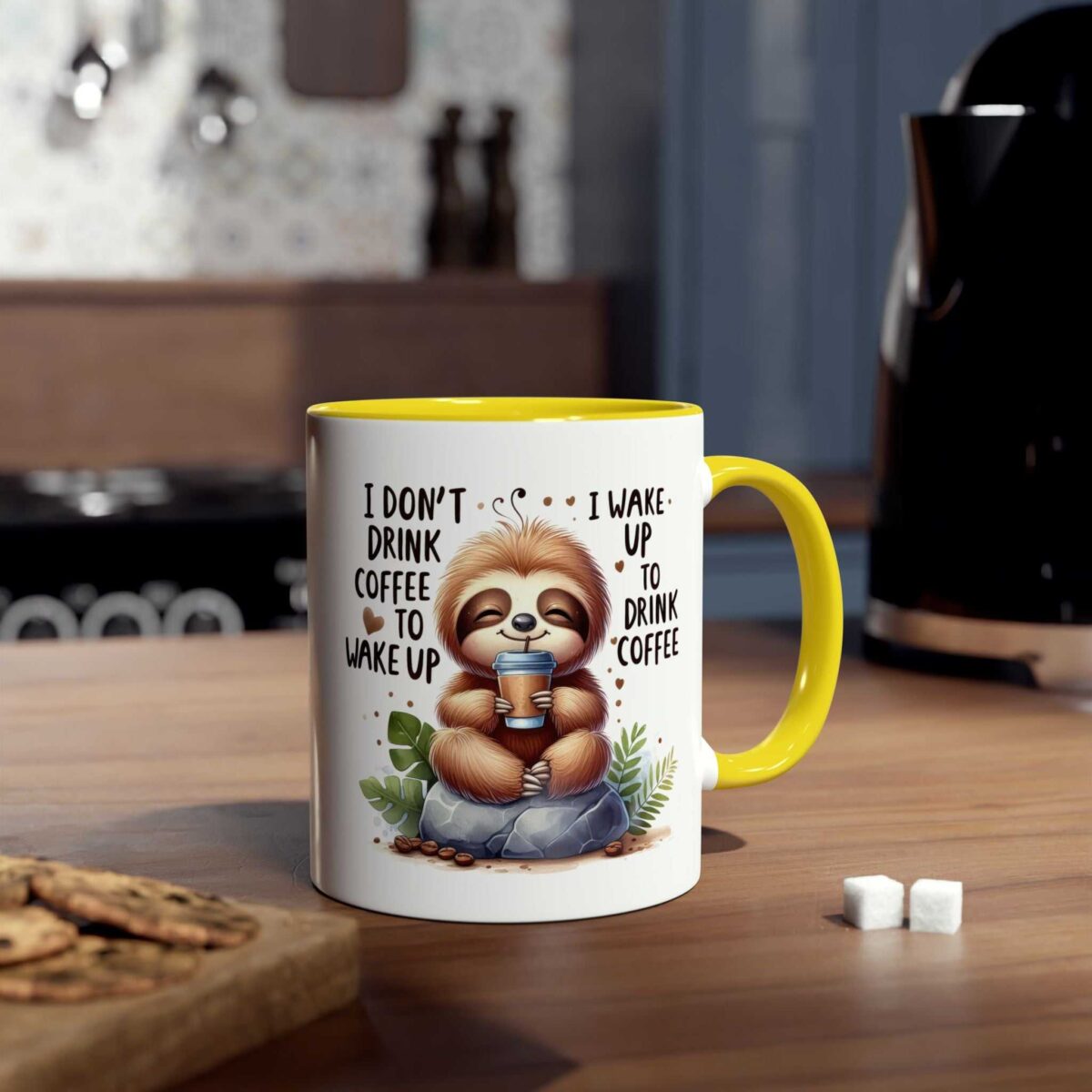 A white ceramic mug with a yellow handle, featuring a cute sloth illustration and a coffee-themed quote.