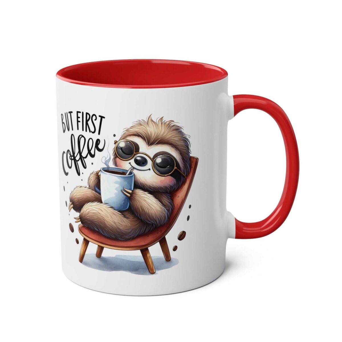 White ceramic mug with red interior and handle, featuring a cartoon sloth wearing sunglasses, holding coffee.
