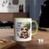 White ceramic mug with a lime green handle and rim, featuring a cartoon sloth drinking from a cup and the text "Sorry I Can't I'm Very Busy".