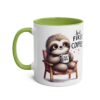 White ceramic mug with a green handle and rim, featuring a cute sloth holding a coffee cup.