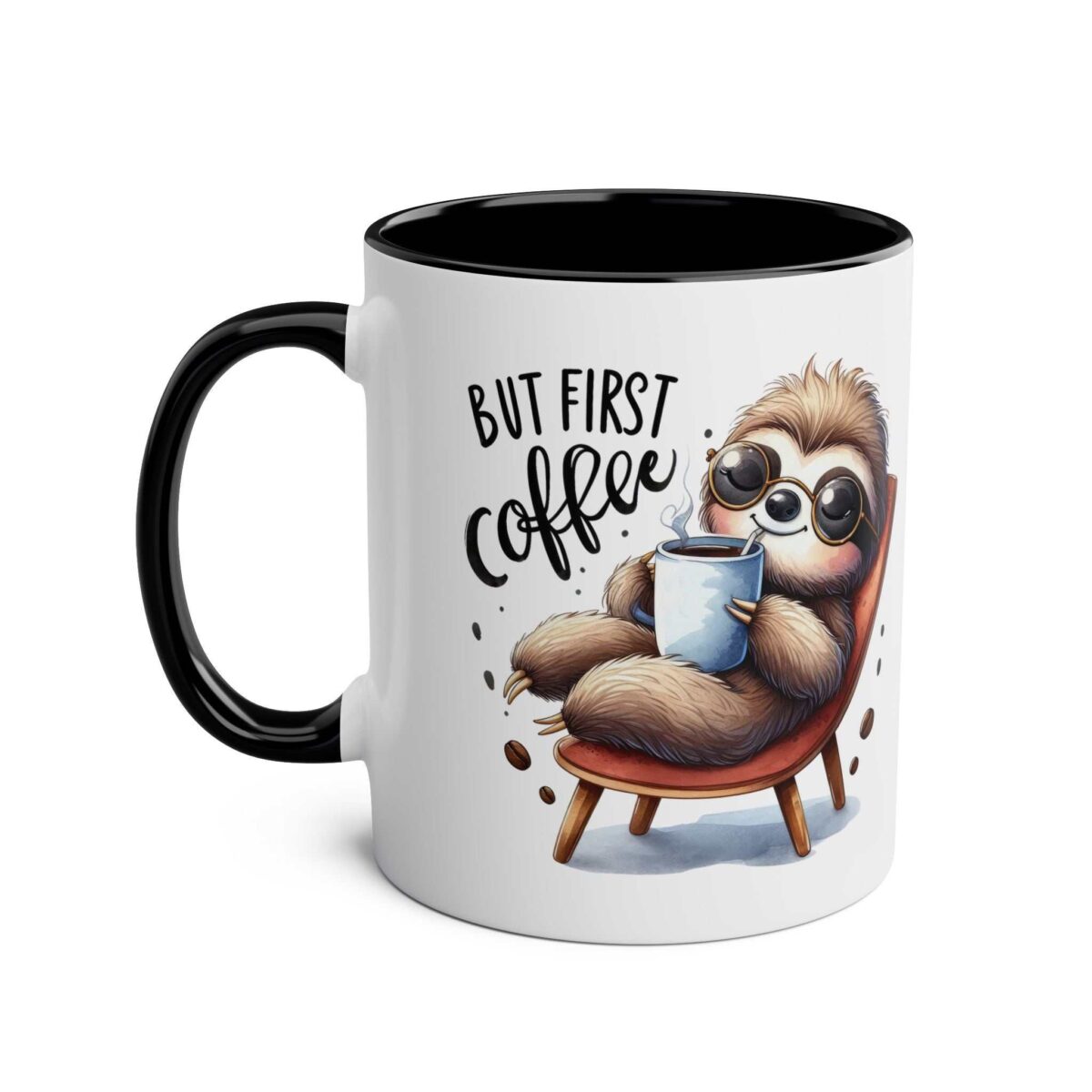 White ceramic mug with a black rim and handle, featuring a cartoon sloth in sunglasses relaxing in a chair with a coffee cup.
