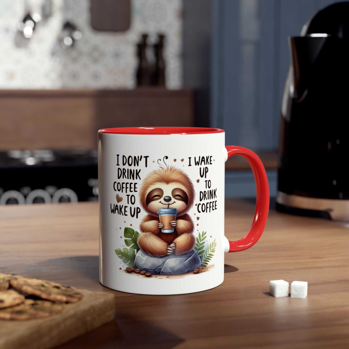 Cute sloth holding a coffee cup and sitting on rocks with text 'I DON'T DRINK COFFEE TO WAKE UP, I WAKE UP TO DRINK COFFEE'.