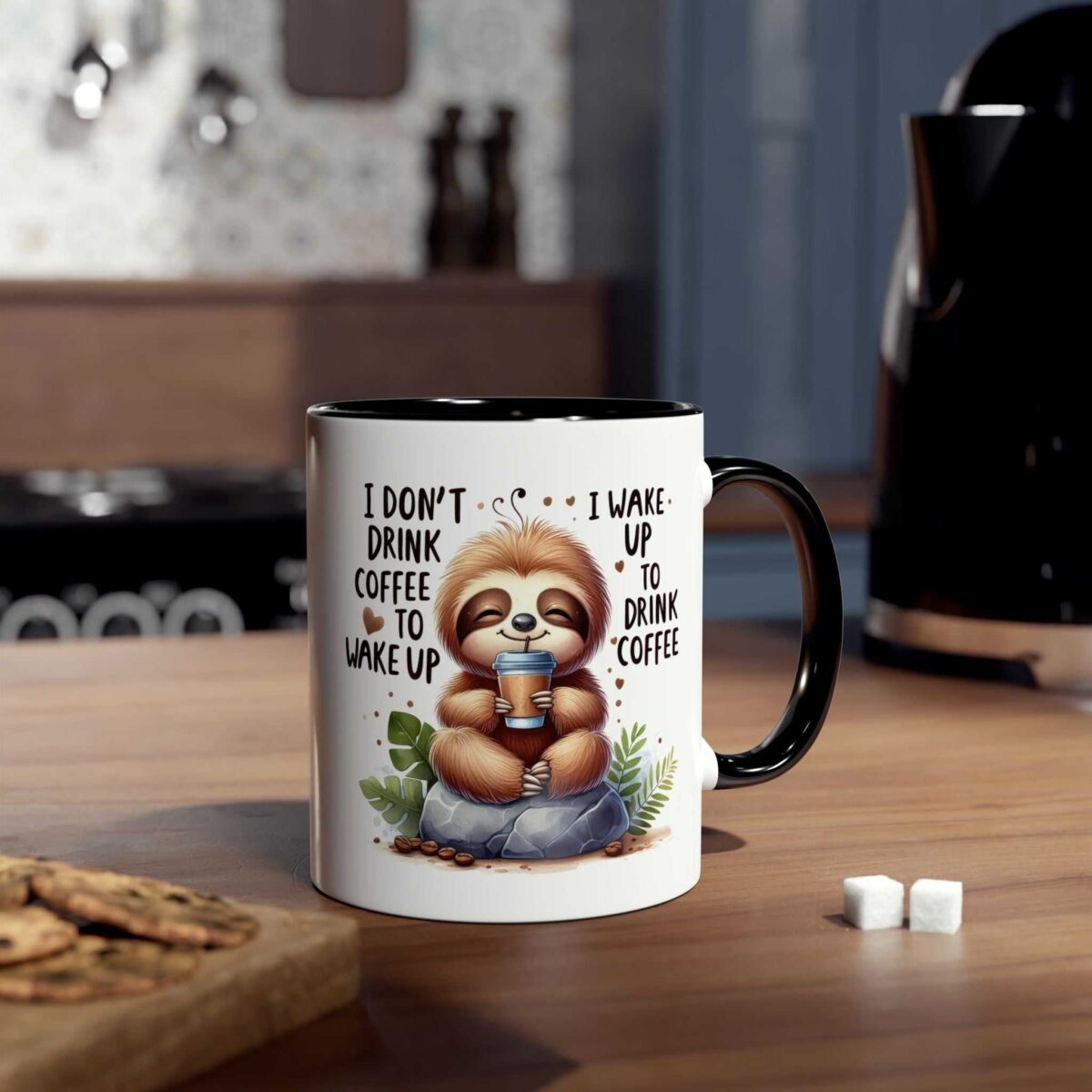 White ceramic mug with black interior and handle. Features a cute sloth holding a coffee cup, surrounded by leaves and coffee beans.