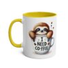 A white ceramic mug with a yellow interior and handle, featuring a cute sloth peeking out of a coffee cup with text.