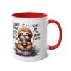 White ceramic mug with a red interior and handle, featuring a cute sloth holding a coffee cup with the text "I don't drink coffee to wake up. I wake up to drink coffee."