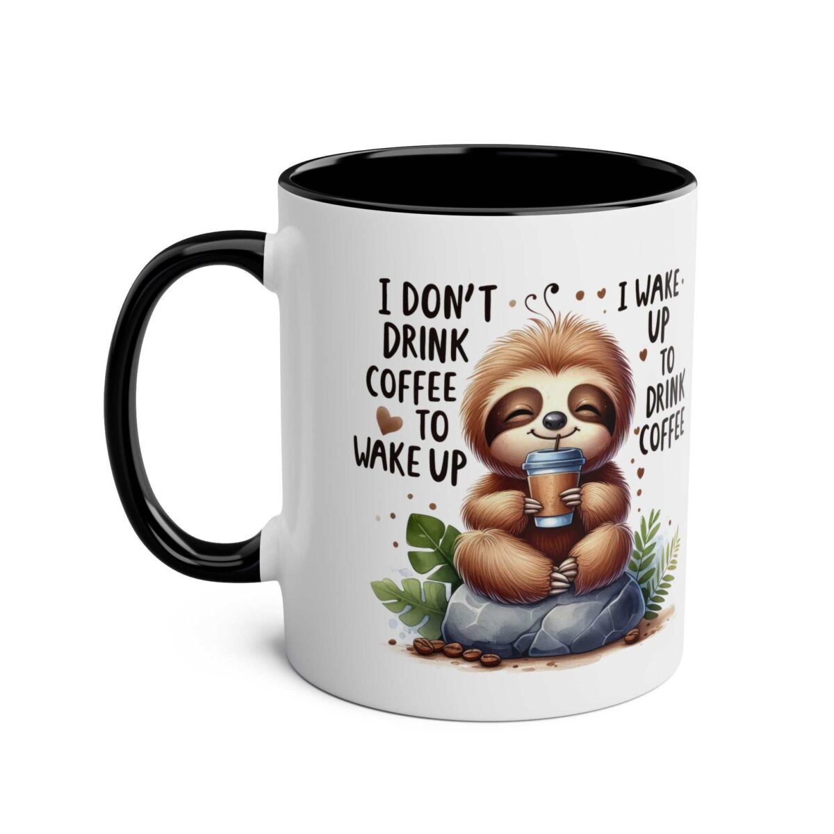 White ceramic mug with black interior and handle, featuring a cute sloth holding a coffee cup and text about coffee.