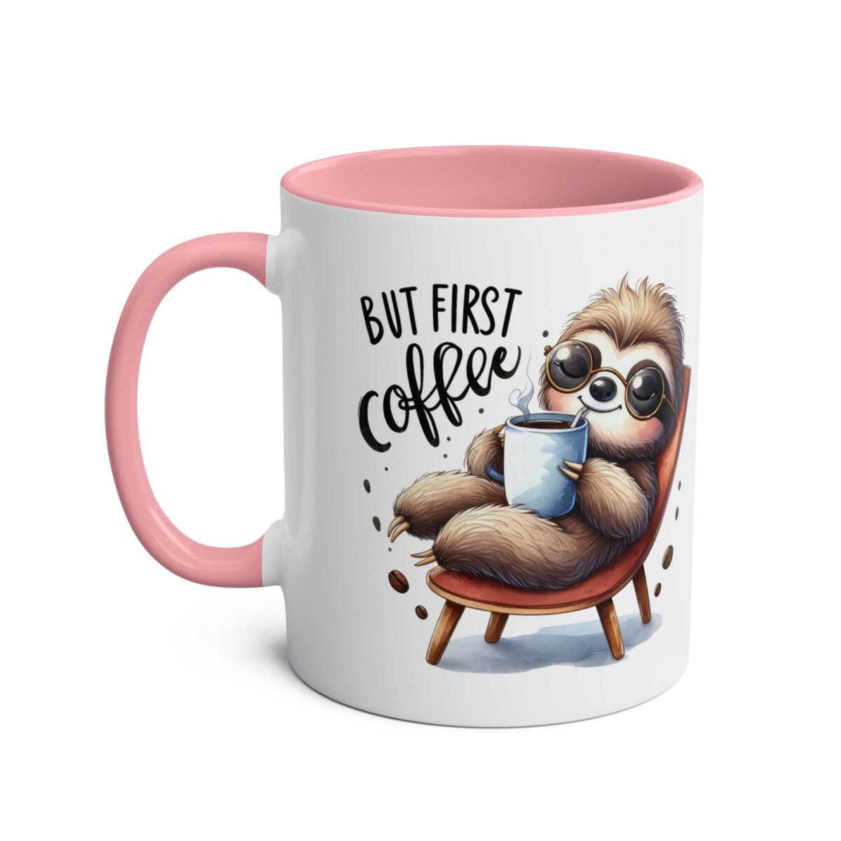 White ceramic mug with a pink handle and rim, featuring a cartoon sloth enjoying coffee.