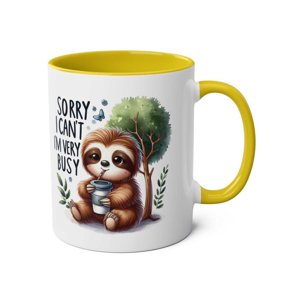 White ceramic mug with yellow handle and interior, featuring a cartoon sloth under a tree with text reading "Sorry I can't I'm very busy".