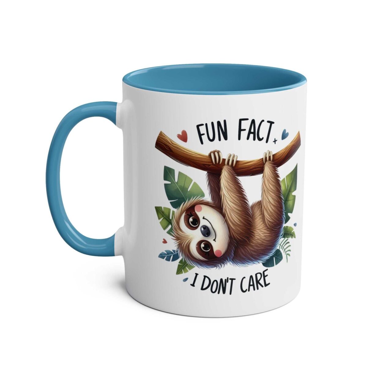 A white coffee mug with a blue interior and handle, featuring a cartoon sloth hanging from a branch with the text "FUN FACT" and "I DON'T CARE".