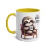 White ceramic mug with yellow handle and interior, featuring a cute sloth drinking coffee.