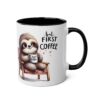 White mug with black interior and handle, featuring a cute sloth sitting in a chair holding a coffee mug.