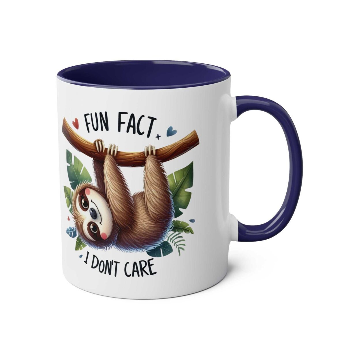 A white mug with a navy blue rim and handle, featuring a cute sloth hanging from a branch with leaves.